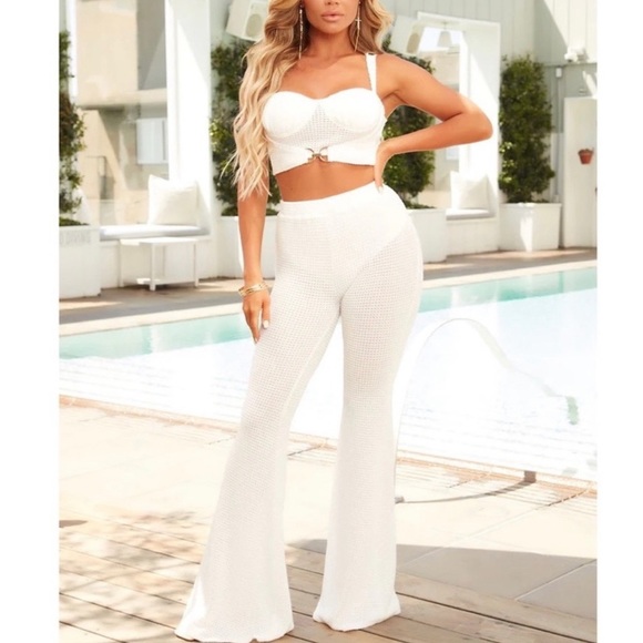 White 2 piece cloth pants & crop top set - Picture 5 of 6